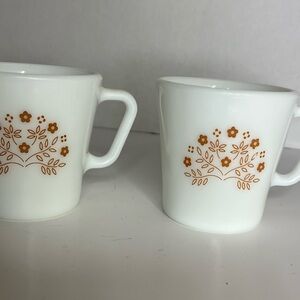 Pyrex White Mugs with Orange Floral Design.  Set of Vintage Ginger Floral Mugs.